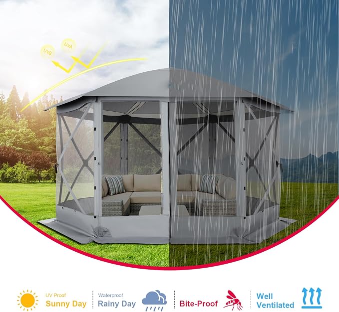 COBIZI 12x12 FT Pop Up Canopy Stargazing Tent, Gazebos On Clearance with Removable Roof,Instant Screened in Gazebo, Screen Tents Portable carpas para Patio for Outdoor Camping,Backyard, Garden, Gray