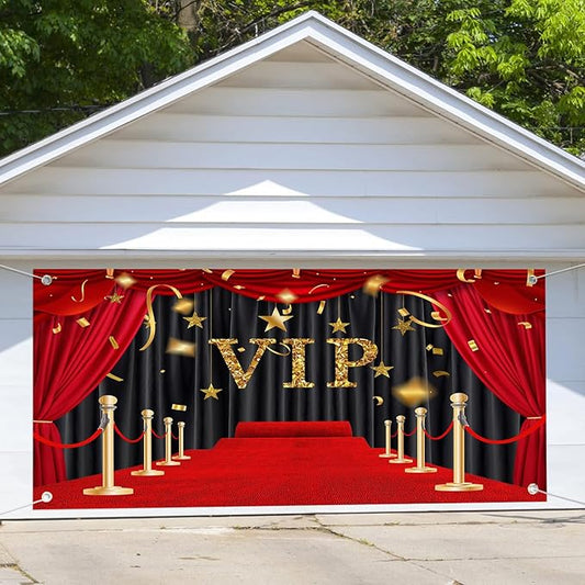 6X13ft VIP Red Carpet Garage Door Decoration Background Glittering with Brilliant Stars Black Gold Stage Backdrop Award Ceremony Movie Studio Props Graduation Wedding Birthday Party Banner Cover