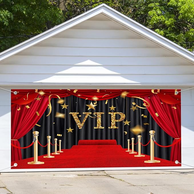 7X16ft VIP Red Carpet Garage Door Decoration Background Glittering with Brilliant Stars Black Gold Stage Backdrop Award Ceremony Movie Studio Props Graduation Wedding Birthday Party Banner Cover