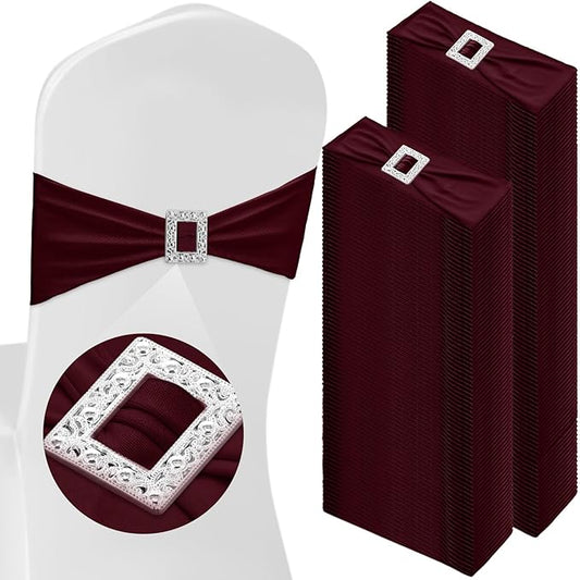 VitalCozy 150 Pcs Spandex Chair Sashes with Square Buckle Slider Stretch Chair Cover Band Universal Elastic Ties Straps Bows for Wedding Banquet Event Party Decoration(Burgundy)
