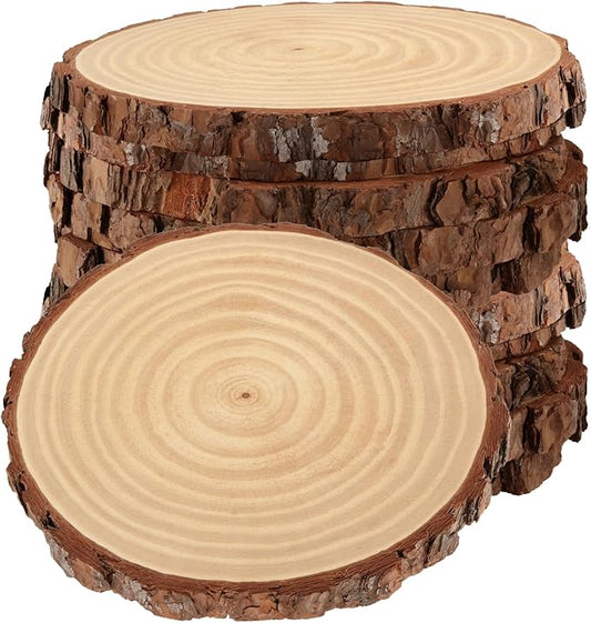KEILEOHO 9 Pieces Natural Wood Slices with Bark, 8-10 Inches Unfinished Tree Discs, Round Wood Slice for Crafts and Decorations