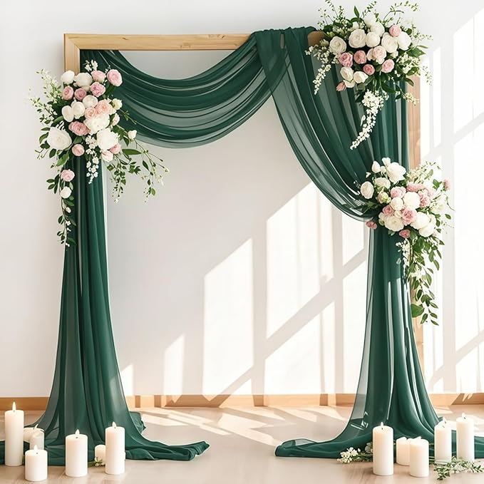 LINXTAR Wedding Arch Draping Fabric 30'' x 18FT Sheer Chiffon Arch Drape Backdrop 1 Panel Emerald Green Drape for Bridal Shower Photo Booth Church Decor Birthday Party Outdoor Decoration