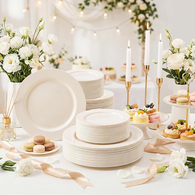 I00000 200 Pcs Ivory Plastic Plates, Disposable Party Plates Include 100 Ivory Dinner Plate 10’’ and 100 Plastic Dessert Plate 7’’ Perfect for Birthday, Party & Wedding