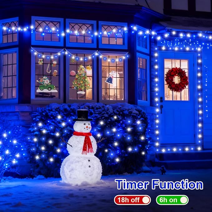 QITONG 2 Pack Battery Operated String Lights, Each 33ft 100 LED Blue and White Christmas Lights Outdoor Waterproof, 8 Modes Clear Wire Twinkle Fairy Lights Indoor with Remote