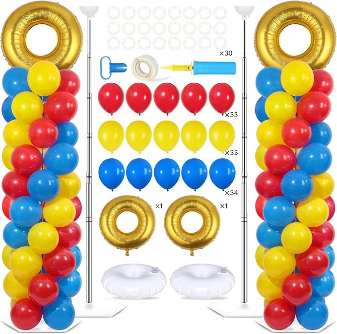 2 Sets Red Blue Yellow Balloon Column Stand Kit with 102 Balloons Ring 5.57ft Adjustable Balloon Tower Stand with Red Blue Gold Balloons Arch Column for Birthday Baby Shower Party Supplies