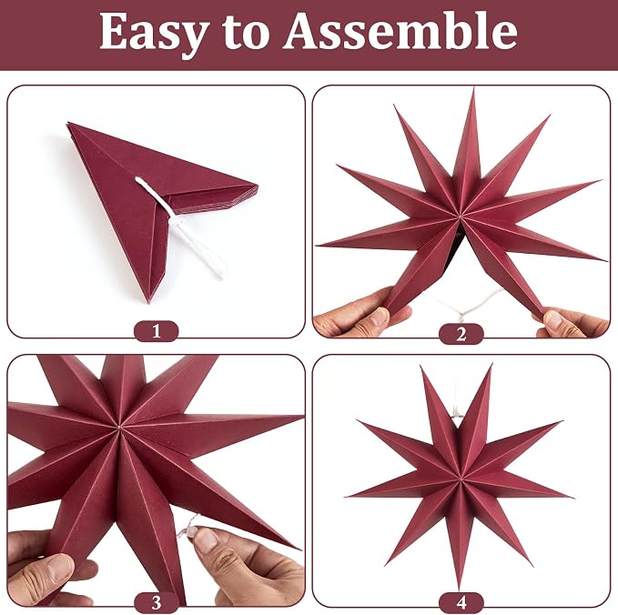 SUNBEAUTY 3 Pcs 9-Pointed Brown Burgundy White Paper Star Lanterns 12 Inch Christmas Hanging Lamp Rustic Paper Decorations Shade Wedding Birthday Christmas Home Party Decorations