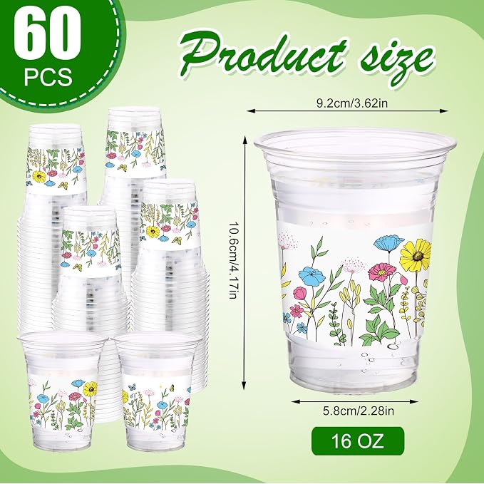 Hushee Wildflower Meadow 60 Pcs Party Cups 16 oz Plastic Disposable Drinking Cups for Birthday Love Baby in Bloom Baby Shower Summer Fresh off The Market Bridal Shower Decorations Supplies