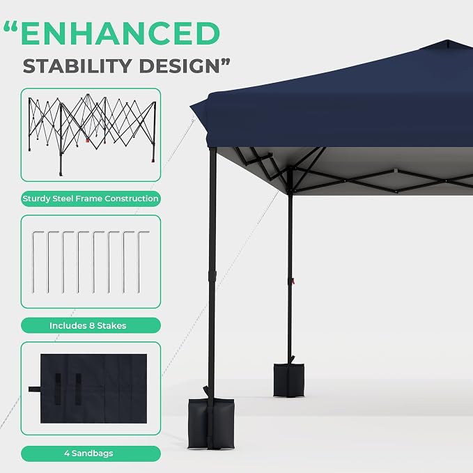 JEAREY 10x10 ft Pop Up Canopy Tent, Heavy Duty Outdoor Canopy with 1-Push Instant Setup, Commercial Tent with Roller Bag, 4 Sandbags and 8 Stakes, Water-Resistant – Navy-Blue