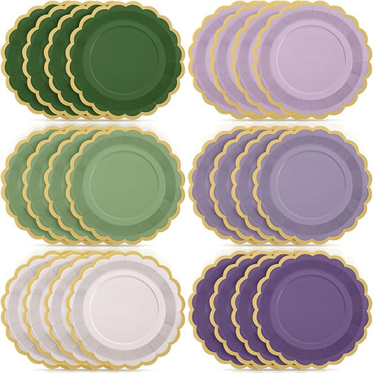 48 Pcs Sage Green Purple Paper Plates 9 Inch Lavender Scalloped Paper Disposable Dinner Dessert Plates for Birthday Wedding Bridal Party Supplies, 6 Colors