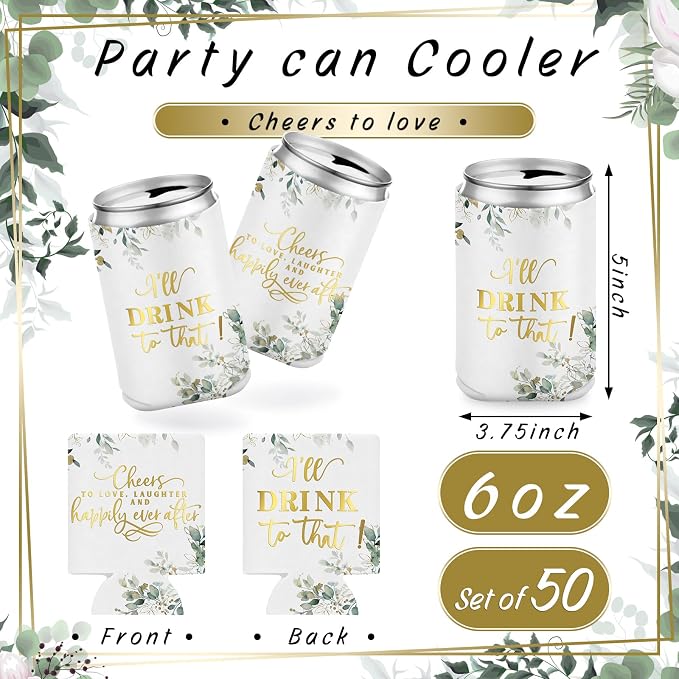 SiliFine 101 Pcs Eucalyptus Leaves Wedding Can Cooler Bulk Engagement Party Favors for 100 Guests Cheers to Love Laughter, and I'll Drink Can Cooler with Wooden Wedding Table Sign Bridal Shower Favor