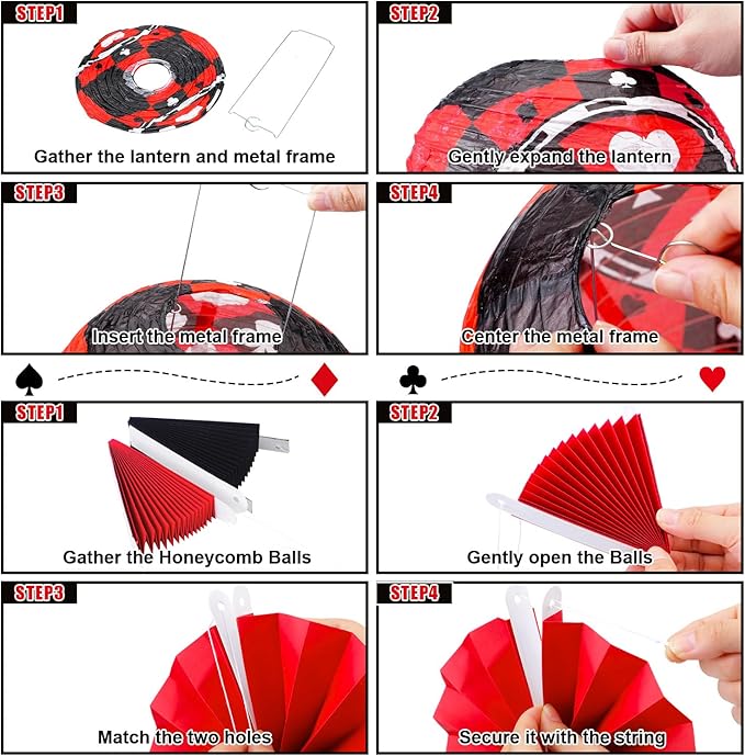 Baquler 18 Pcs Casino Party Decoration 3D Poker Hanging Paper Lantern Red and Black Fans Honeycomb Ball for Las Vegas Game Casino Night Birthday Party Ceiling Decor Supplies