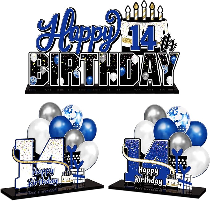 LINGTEER Happy 14th Birthday Blue Acrylic Table Topper Centerpieces Set - Cheers to Fourteen Years Old Birthday 14th Bday Party Gift Decorations.