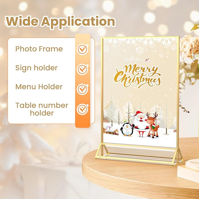 Gold Frames 5X7 Acrylic Sign Holder Double-Sided Tabletop Picture Frames for Menu, Wedding Table Number, Christmas Photos - 12 Pack With Removable Sticky Dots
