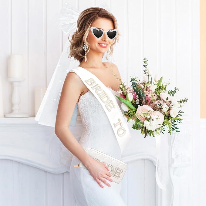 JarThenaAMCS Pearl Bride To Be Hair Bow Veil Heart Shaped Sunglasses Bridal Sash Bag Set for Wedding Bachelorette Party Favors Bridal Shower Accessories Gift