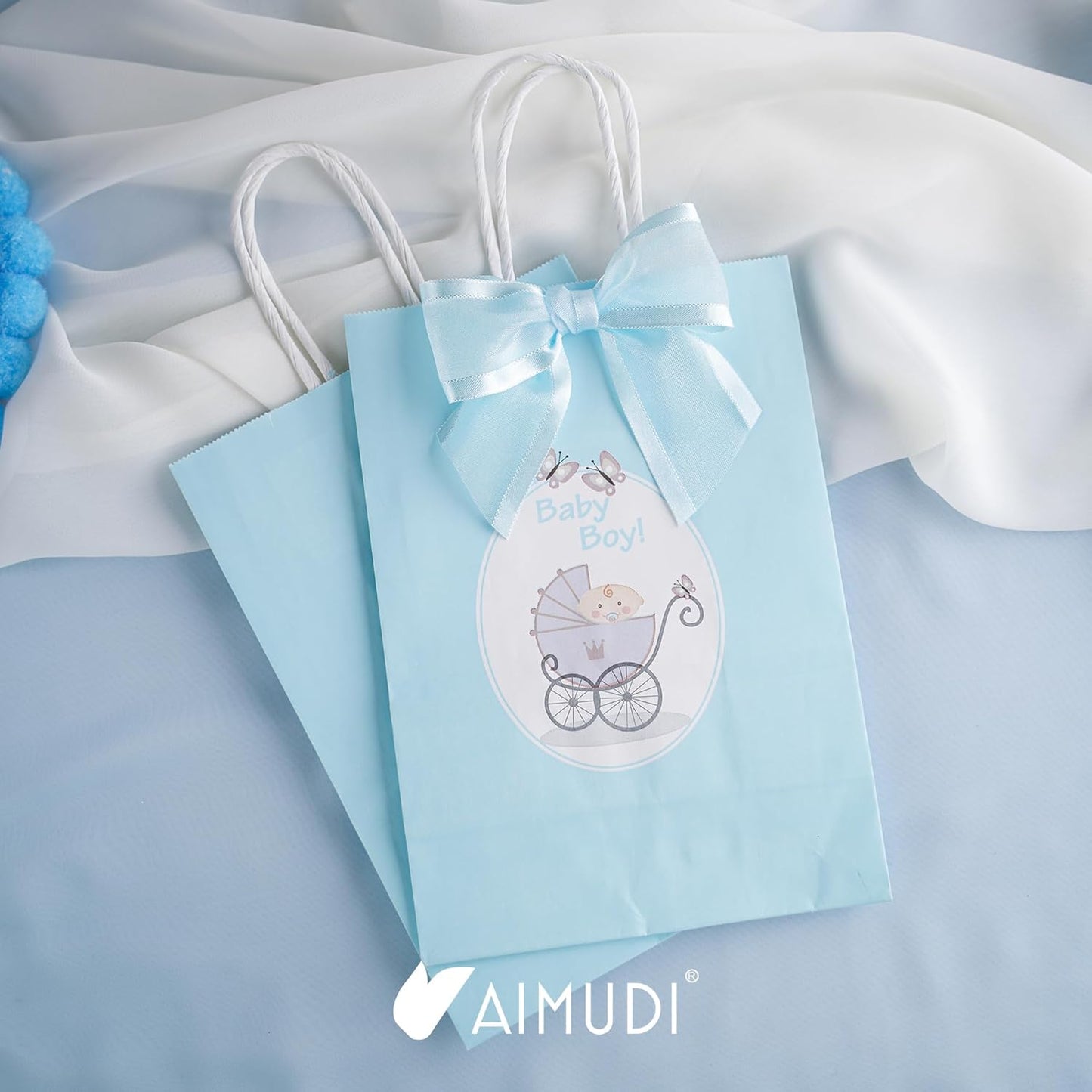 AIMUDI Baby Blue Bows 4" Organza Bows Premade Twist Ties Bows for Gift Wrapping Crafts Treat Bags Baskets Cake Pop Baby Shower Birthday Wedding Decor - 12 Counts