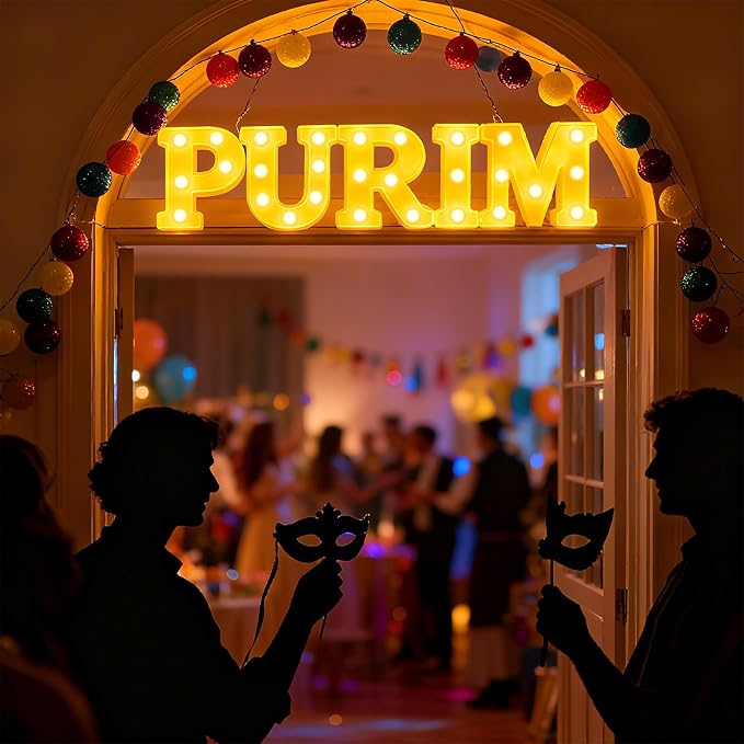 Honoson 5 Pcs Happy Purim Party Decorations Purim Light up Neon Lights Sign for Jewish Carnival Party Indoor Outdoor Table Wall Decorations Activity Supply