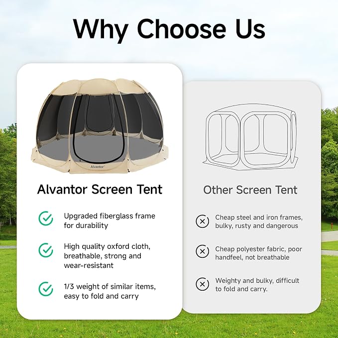 Alvantor Pop Up Screen House Tent, Instant Outdoor Gazebo with Mosquito Netting & UPF 50+ Sun Protection, Portable Canopy Shelter for Patio, Backyard, Camping (2-10 Person)