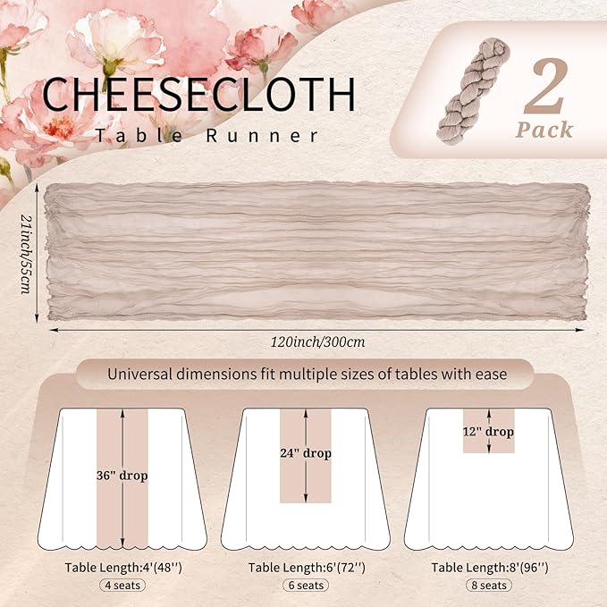 2 Pack Cheesecloth Table Runner 10FT Rosy Brown Table Runner Boho Gauze Cheese Cloth Table Runners Long Rustic Sheer Table Decorations for Wedding Party Baby Bridal Shower Birthday Holiday Home