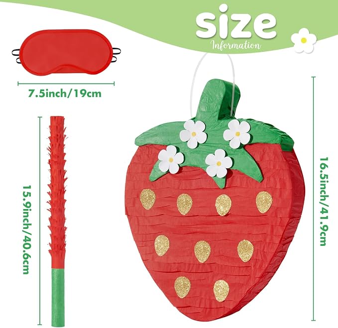 Wernnsai Red Strawberry Piñata For Kids - Strawberry Baby Shower Piñata Strawberry Birthday Party Decorations Summer Fruit Themed Party Game Supplies With Bat Blindfold 16.5" × 11.6" ×3"