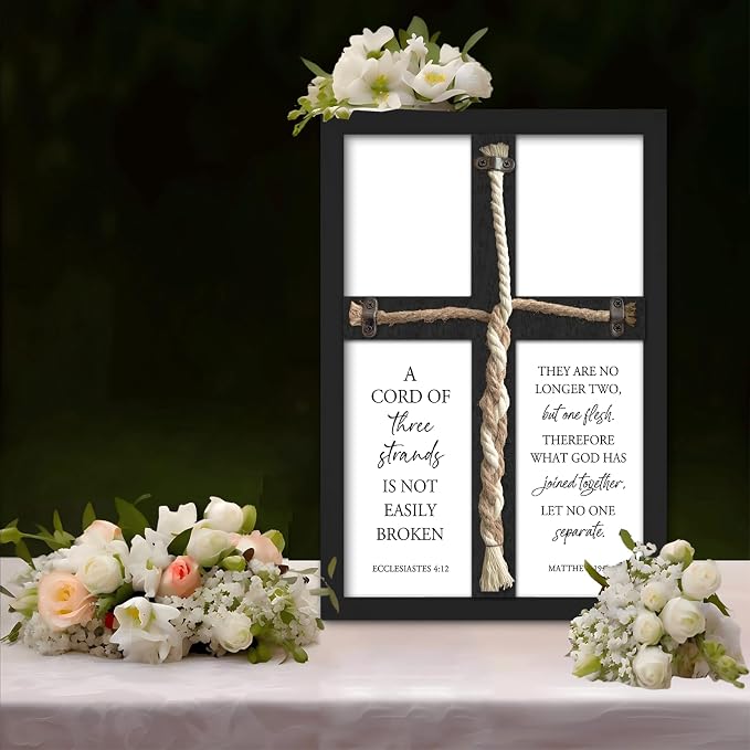 A Cord of Three Strands Wedding Unity Cross Sign Braided Rope Ceremony Art | 15x10 Inch Rustic Farmhouse Black Wood Framed, Christian Marriage Prayer Wall Decor for Couples, Anniversaries & Prayer Rooms