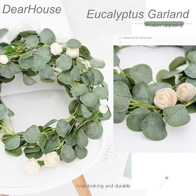 DearHouse 4Pack Artificial Eucalyptus Garland Faux Silk Eucalyptus Leaves Vines Handmade Garland Greenery Wedding Backdrop Arch Wall Decor …