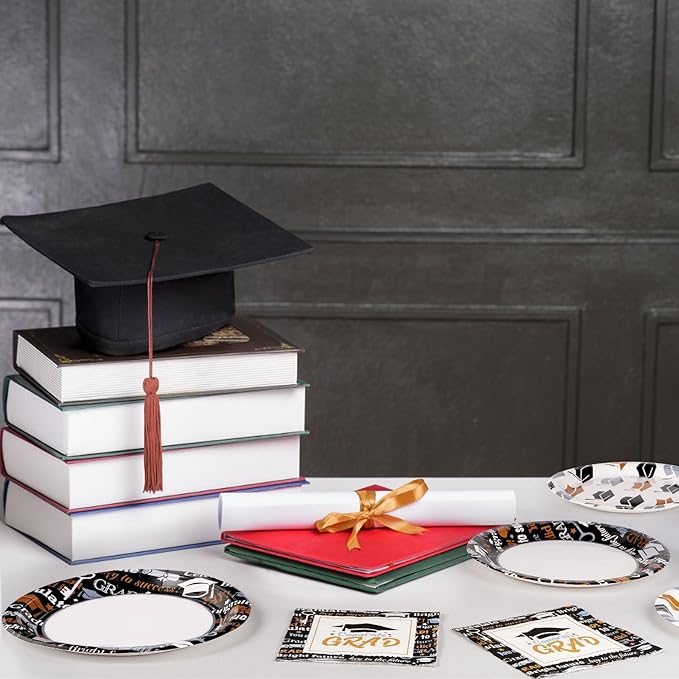 Grencian Graduation Decorations Class of 2026 200Pcs Graduation Plates and Napkins Disposable Congrats Grad Tableware Black Gold Graduation Party Supplies for 2026 Graduations Party, Serve 50