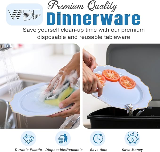 WDF 175Pcs Blue Plastic Plates - Heavy Duty Baby Blue Plates Disposable - 25Guests Plastic Dinnerware Ideal for Parties/Wedding/Baby Shower/Spring/First Communion/Father‘s Day