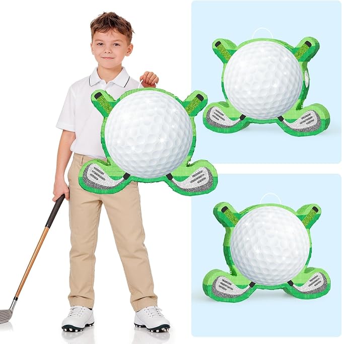 WERNNSAI Golf Piñata - Green Golf Ball & Club Shaped Piñata with Blindfold and Bat Sports Themed Birthday Party Decorations, Golf Party Supplies for Sports Celebration Favors(16.5" x 12.4" x 2.9")