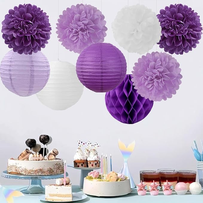 Purple White Paper Flowers Tissue Pom Poms Honeycomb Lanterns 15pcs Party Decorations for Birthday Lavender Baby Shower Wedding Mom Bridal Lilac Retirement Graduation Hanging Decor Mprocherify