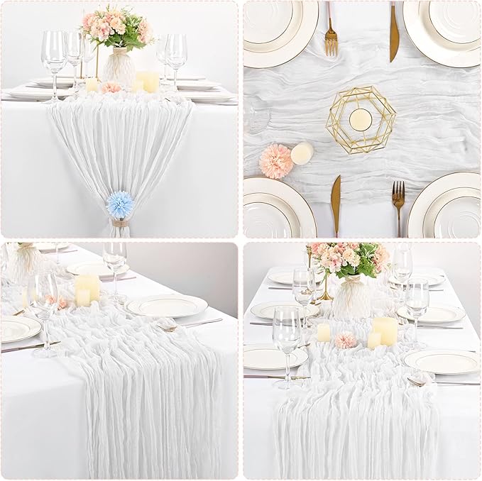 6 Pcs White Cheesecloth Table Runner 10FT, Gauze Table Runner for Wedding Reception Sheer Bridal Shower Birthday Party Boho Table Decoration, Rustic Romantic Wedding Runner