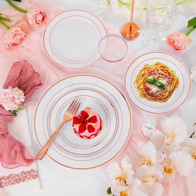 Supernal 400pcs Rose Gold Plastic Plates Disaposable Heavy Duty included Disposable Utensils& Plastic Party Plates Disaposable Party Cups and Napkins Sets for Valentine's Day Mother's Day and Easter