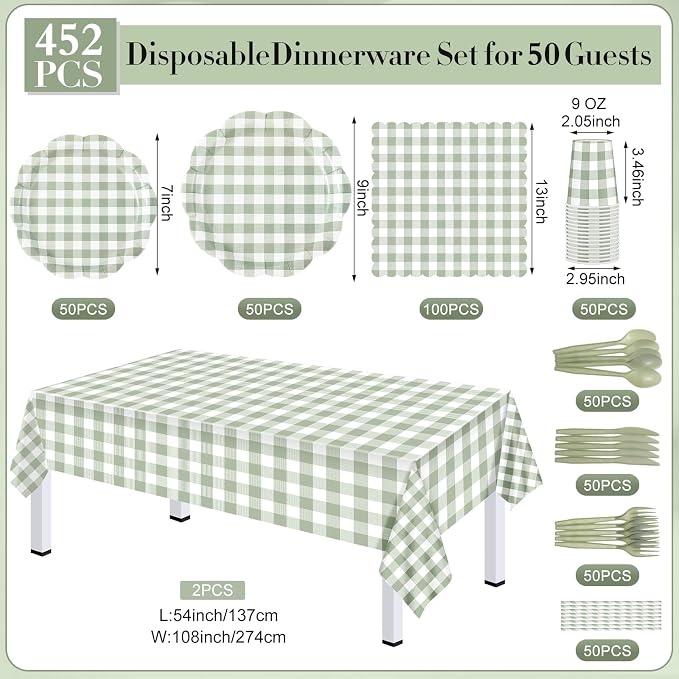 Funnymoom 452 Pcs Sage Green Gingham Party Supplies for 50 Guests, Green Gingham Paper Plates Napkins Cup Tablecloth Disposable Tableware for BBQ Picnic Birthday Baby Shower Wedding Party Decoration