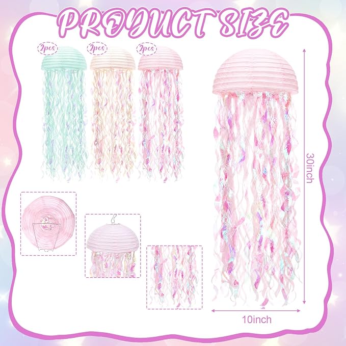 Junkin Mermaid Party Decorations Large Hanging Jellyfish Paper Lanterns 32'' Jellyfish Ornaments with Hooks Rope for Under The Sea Birthday Baby Shower Ocean Party Classroom Beach Room Decor