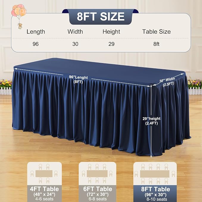 6 Packs Navy Blue Polyester Table Clothes for 8 Foot Rectangle Tables, Wrinkle Free Fitted Table Cover 8ft Stretch Tablecloths with Skirt for Parties Weddings Birthday Banquet Baby Shower