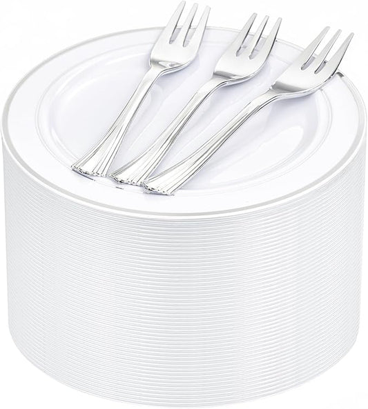 WELLIFE 240PCS Silver Plastic Dessert Plates - Includes 120PCS Silver Forks, 120PCS 6.3 Inch Salad & Appetizer Plates - Perfect for Wedding & Party