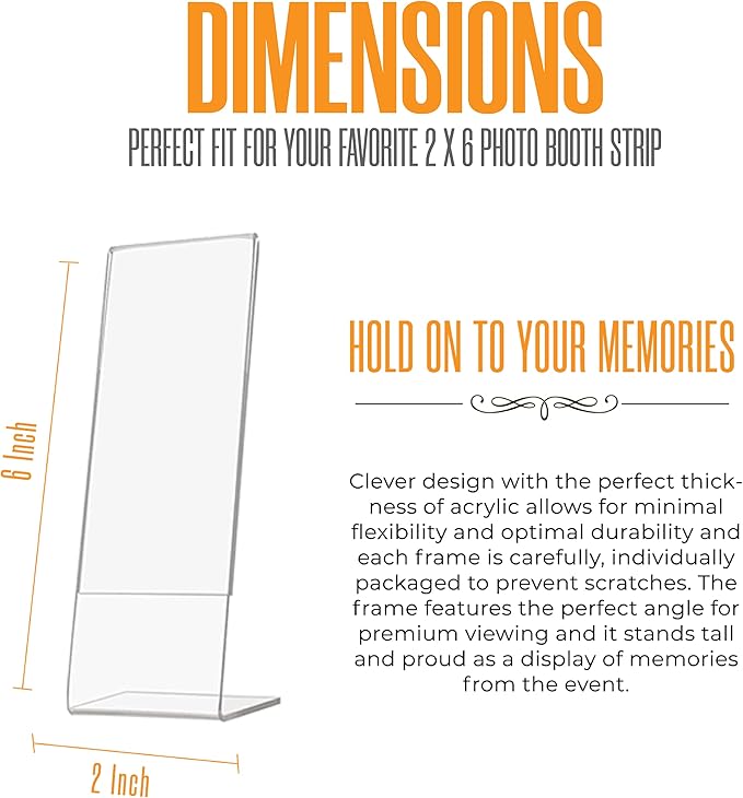 Photo Booth Nook | 2x6 Slanted Photo Booth Frames (150 Count) | Crystal Clear Acrylic Photo Booth Picture Frame with Silver Inserts | Bulk