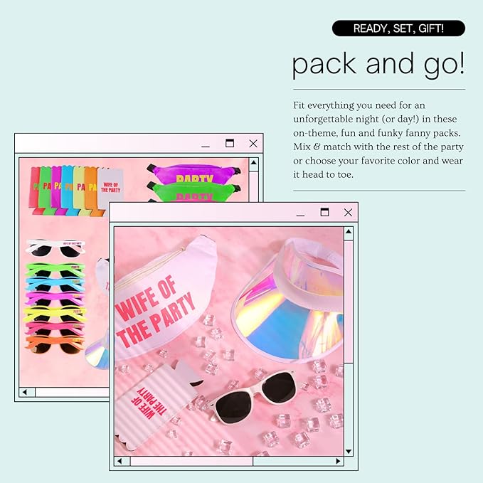 Neon Bachelorette Fanny Packs | 28 pc Set of 7 Bachelorette Party Favors & Accessories - 1 'Wife of the Party' & 6 'Party' Neon Fanny Packs with Sunglasses & Visors | 80s Retro Bachelorette Party Kit