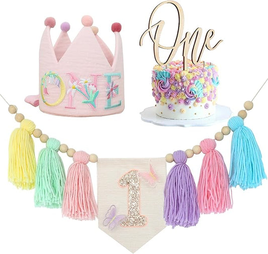 Pastel Macaron Butterfly High chair Banner Wood Bead Tassel Garland Crown Hat Wooden Cake Topper Birthday Party Decorations