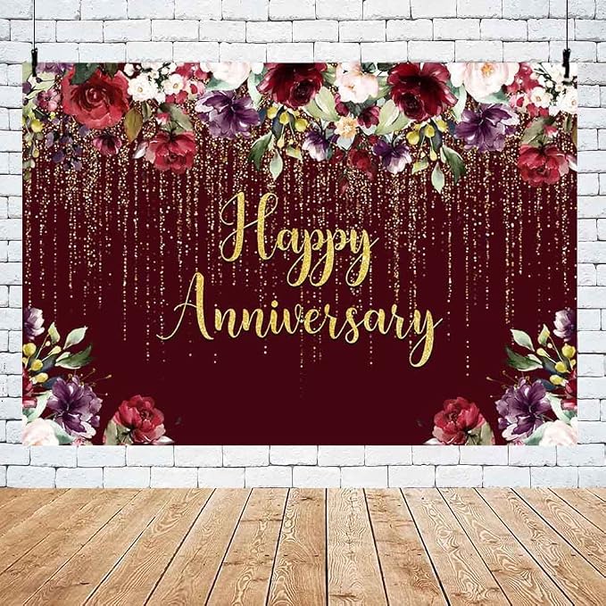 AIBIIN 8x6ft Happy Anniversary Backdrop Gold Glitter Burgundy Wedding Anniversary Photography Background Couple Wedding Women Birthday Floral Party Decorations Cake Smash Decor Studio Photo Backdrop