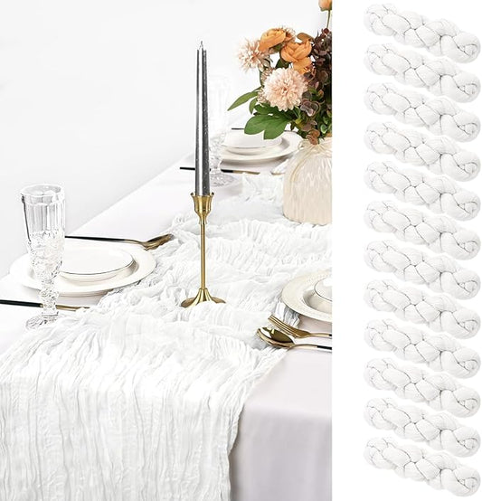 12 Pack White Table Runner, 10FT Cheesecloth Table Runner Long Romantic Semi Sheer Rustic Boho Gauze Table Runners for Wedding Bridal Shower Birthday Party Decorations(21.5×120 Inch)