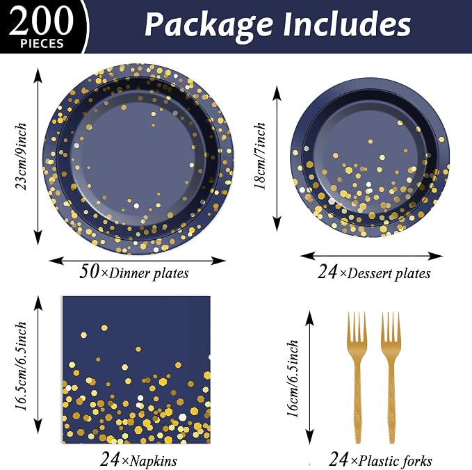 gisgfim 50 Guests Blue and Gold Party Supplies Decorations Tableware Set Blue and Gold Paper Plates Napkins Disposable Plates Graduation Tableware for Men Women Happy Birthday Party Decorations 200PCS