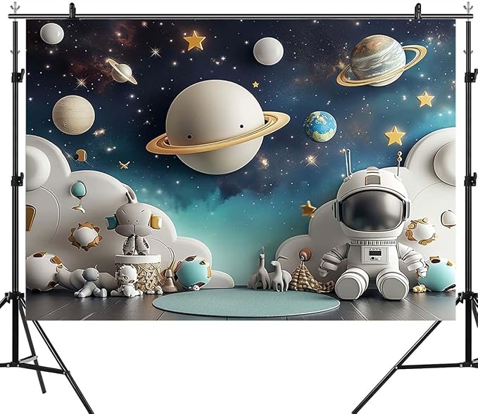 Outer Space Universe Astronaut Birthday Party Decor Backdrop Boy 1st Birthday Balloons Party Photography Background Boy Girl Baby Shower Background Studio Props (9x6feet)
