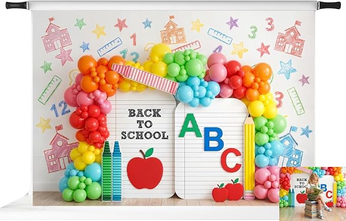 Kate Back to School Photo Backdrop ABC Balloon Arch, 7x5ft | ABC letters, balloon arch, pencil, apple, colorful school party photo background for kids portraits