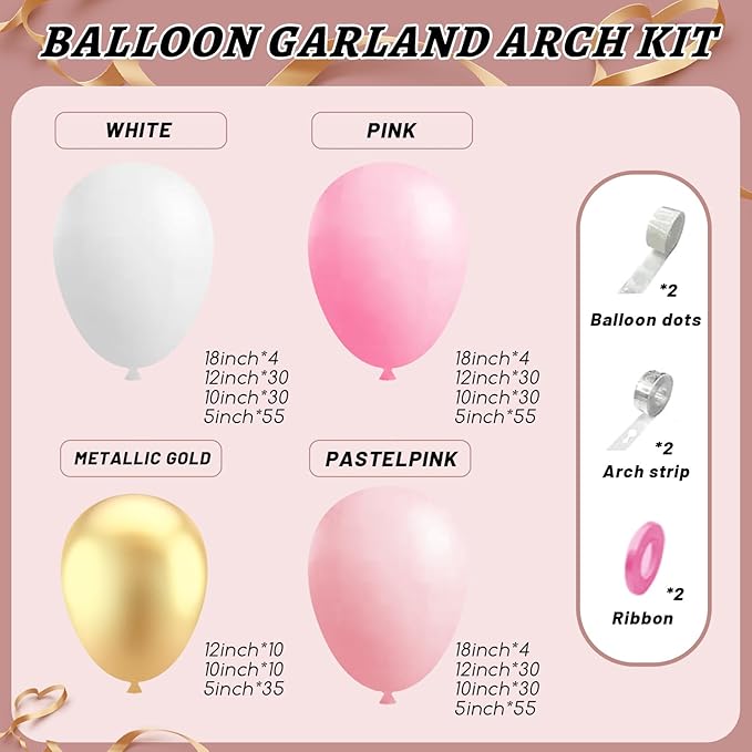 412Pcs Pink and White Balloons Arch Kit,18 12 10 5 Inch Pink and Gold Balloon Garland Pastal Pink White for Women Girls Birthday Bridal Baby Shower Decorations