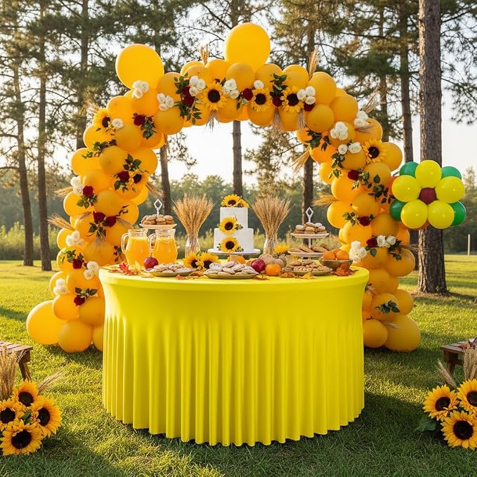 72 Inch Yellow Round Tablecloth,Washable Stretchy Fitted Circular Table Cover with Elastic Edge for 6FT Round Table, Reusable Tablecloth for Wedding Banquet Party Birthday Buffet Dining
