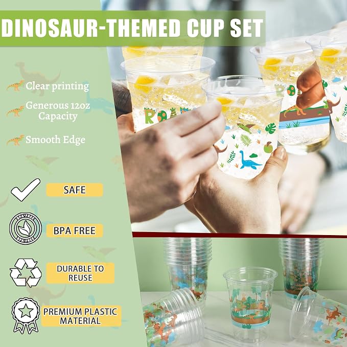 50 Pcs Dinosaur Cups, 12oz Dinosaur Plastic Clear Disposable Drinking Cups Dino Theme Tumbler for Dino Birthday Party Supplies Decorations