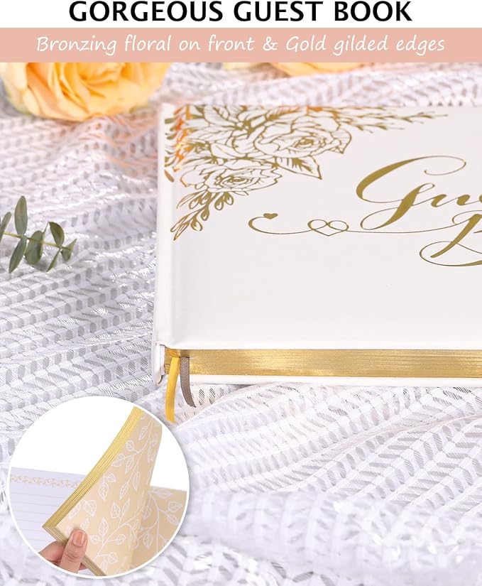 Wedding Guest Book - Guest Book Wedding Reception with Pens - 9x7'' Personalized Wedding Guestbook Photo Album Sign in Book - Gold Foil Hardcover & Gilded Edges, for Weddings, Baby Shower, Party
