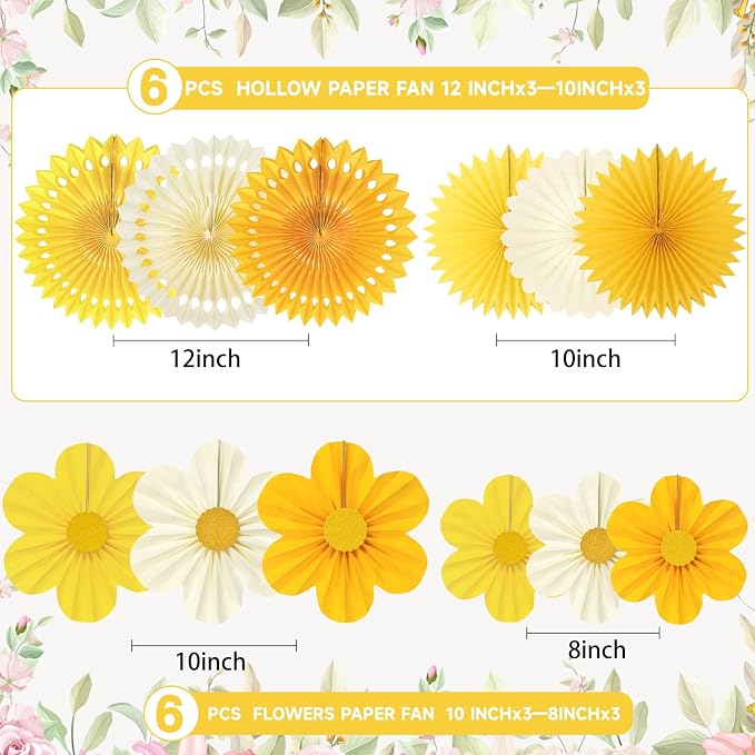 Yellow Party Decorations, 12PCS Paper Fans Flower Wall Backdrop for Sunflower Theme Birthday, Summer Lemon Party, Weddings, Baby Showers, Nursery Classroom Ceiling Supplies