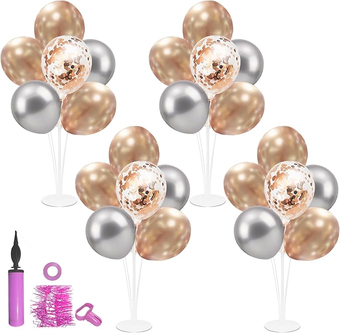 4 Set Balloon Stand with Champagne Silver Balloons and Pump | For Birthday Bridal Shower Wedding Engagement Anniversary Retirement Mother's Day New Years Party Supplies