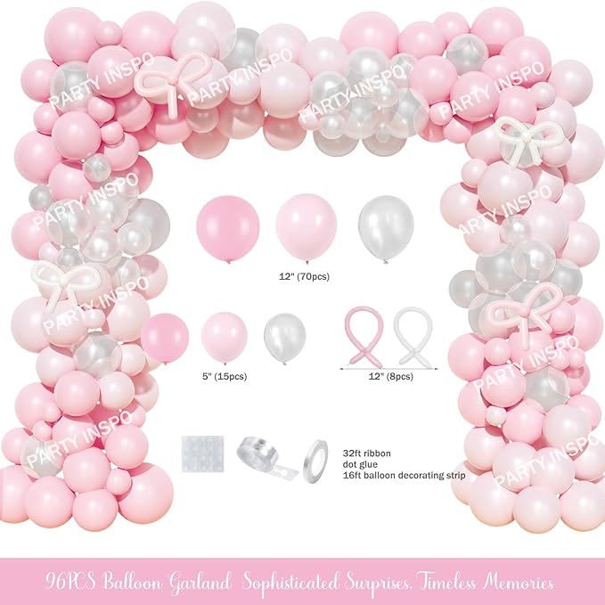 Party Inspo Shes Tying The Knot Bridal Shower Decorations – 108 PCs Pink Bow Party Supplies with Backdrop, Banner, Balloon Garland, Tablecloth, Cake Topper, Sash, Ribbon, Veil